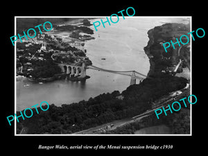 OLD LARGE HISTORIC PHOTO OF BANGOR WALES, VIEW OF THE MENAI BRIDGE c1930 1