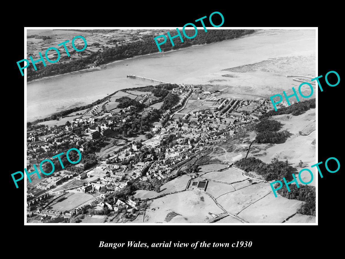 OLD LARGE HISTORIC PHOTO OF BANGOR WALES, AERIAL VIEW OF THE TOWN c1930 1