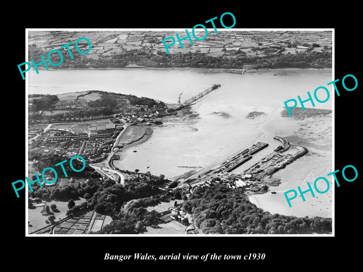 OLD LARGE HISTORIC PHOTO OF BANGOR WALES, AERIAL VIEW OF THE TOWN c1930 2