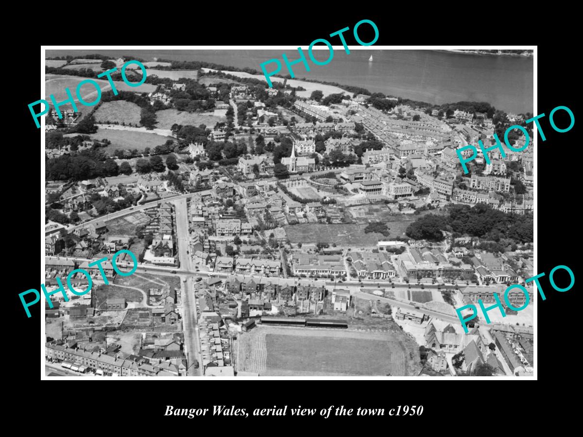 OLD LARGE HISTORIC PHOTO OF BANGOR WALES, AERIAL VIEW OF THE TOWN c1950 1