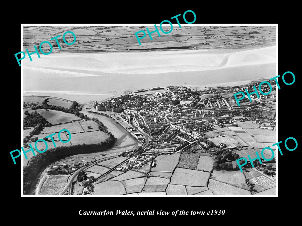 OLD LARGE HISTORIC PHOTO OF CAERNARFON WALES, AERIAL VIEW OF THE TOWN c1930 1