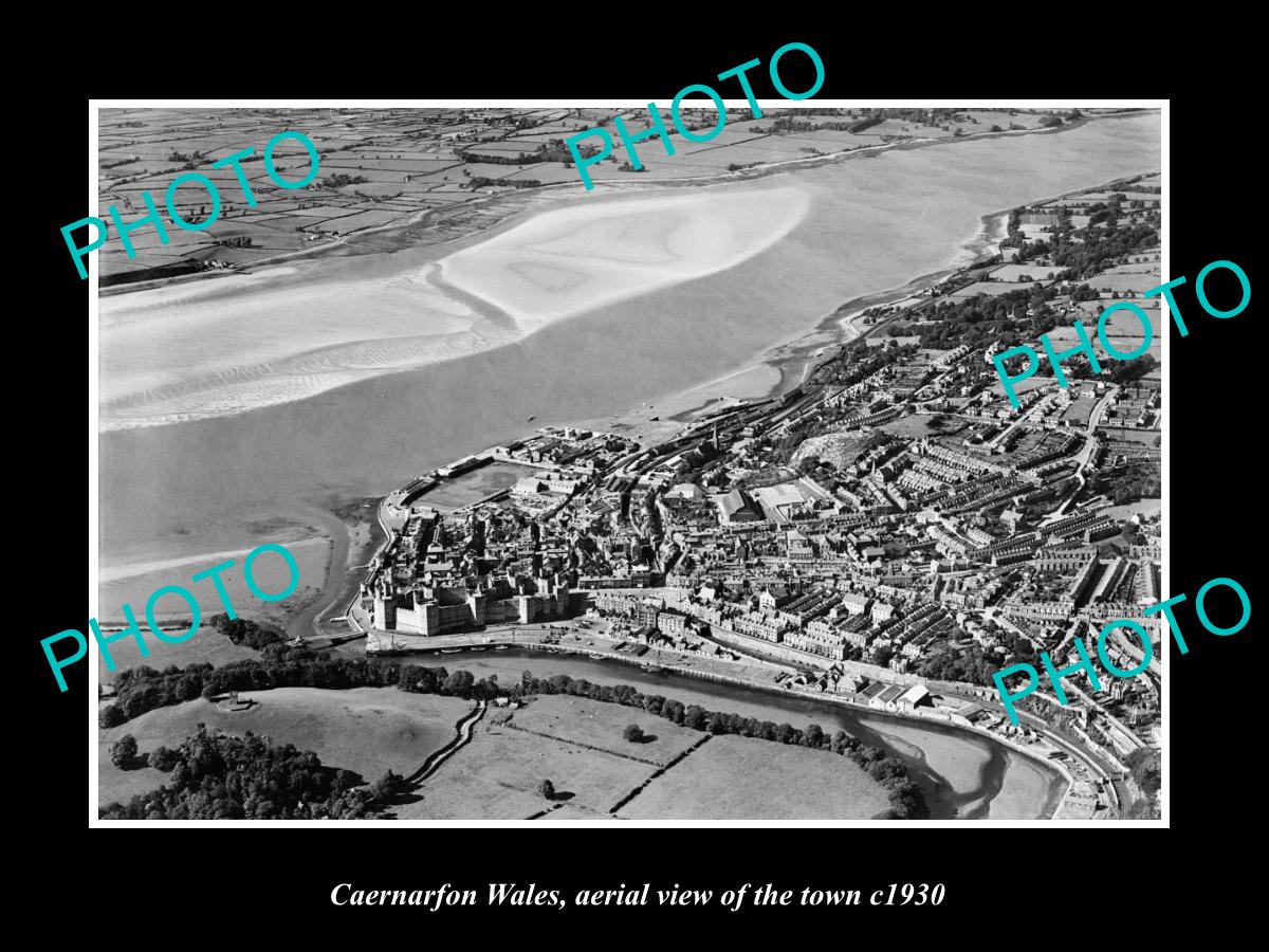 OLD LARGE HISTORIC PHOTO OF CAERNARFON WALES, AERIAL VIEW OF THE TOWN c1930 2