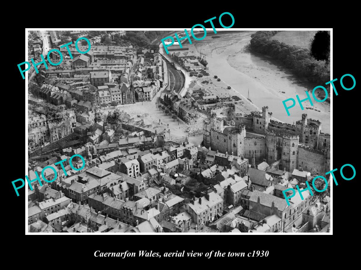 OLD LARGE HISTORIC PHOTO OF CAERNARFON WALES, AERIAL VIEW OF THE TOWN c1930 3