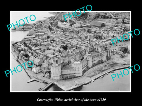 OLD LARGE HISTORIC PHOTO OF CAERNARFON WALES, AERIAL VIEW OF THE TOWN c1950 2