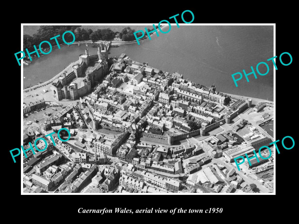 OLD LARGE HISTORIC PHOTO OF CAERNARFON WALES, AERIAL VIEW OF THE TOWN c1950 3