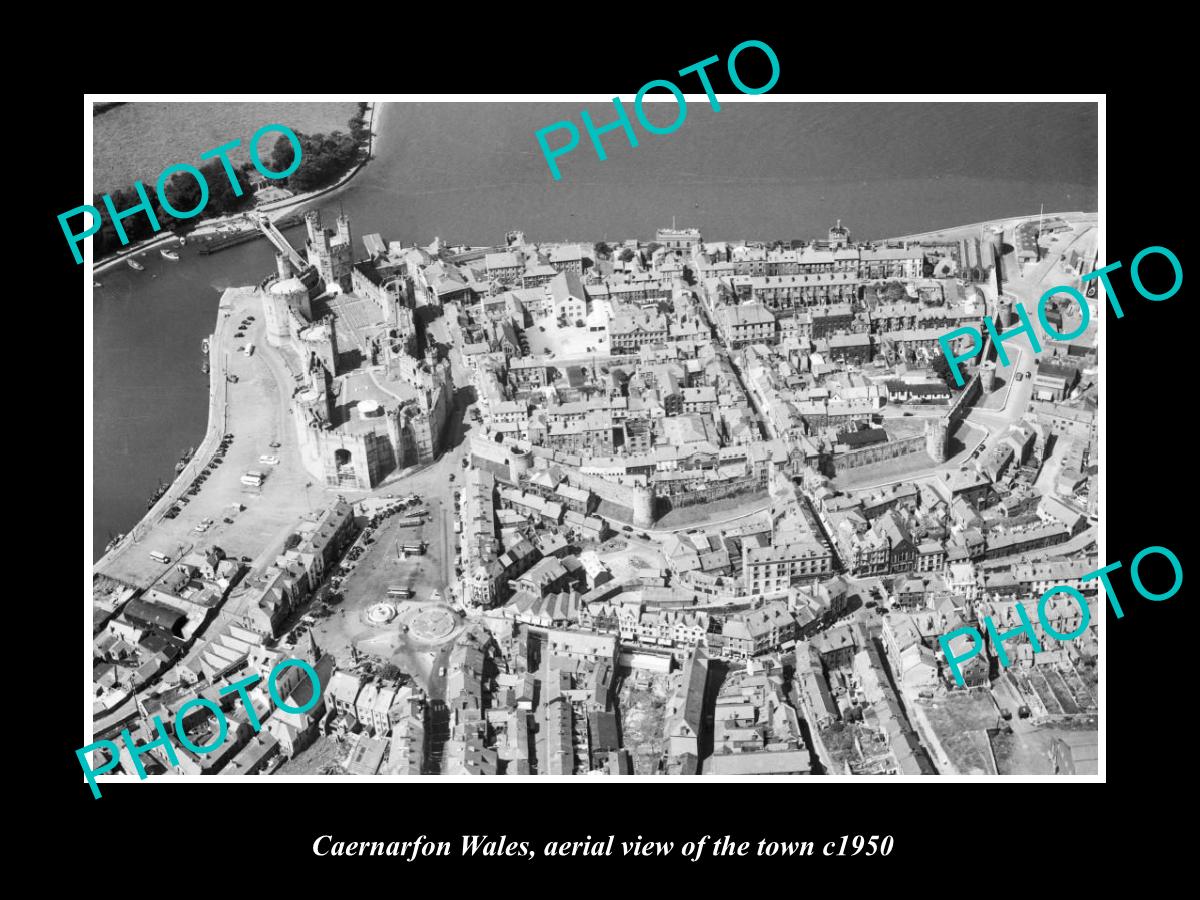 OLD LARGE HISTORIC PHOTO OF CAERNARFON WALES, AERIAL VIEW OF THE TOWN c1950 4