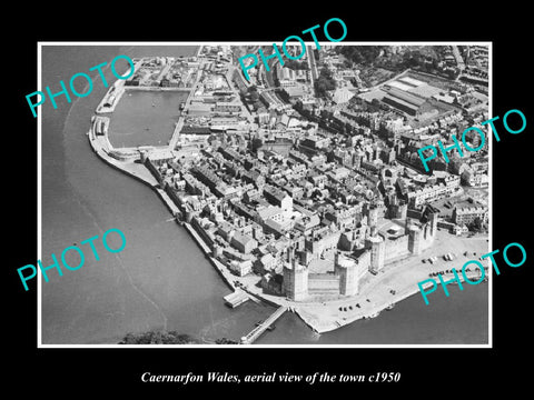 OLD LARGE HISTORIC PHOTO OF CAERNARFON WALES, AERIAL VIEW OF THE TOWN c1950 5