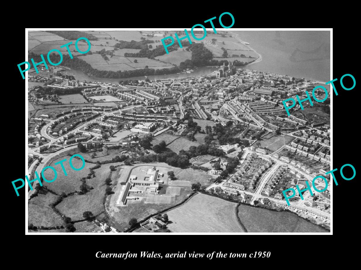 OLD LARGE HISTORIC PHOTO OF CAERNARFON WALES, AERIAL VIEW OF THE TOWN c1950 6