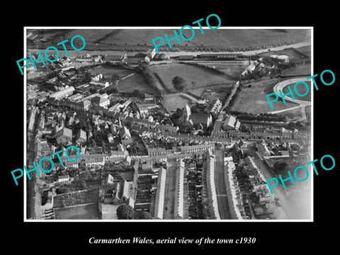 OLD LARGE HISTORIC PHOTO OF CARMARTHEN WALES, AERIAL VIEW OF THE TOWN c1930 1