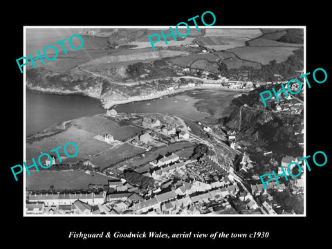 OLD LARGE HISTORIC PHOTO OF FISHGUARD & GOODWICK WALES, TOWN AERIAL VIEW c1930 2