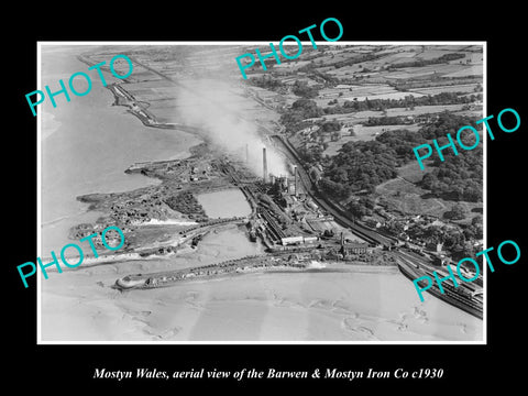 OLD LARGE HISTORIC PHOTO OF MOSTYN WALES, AERIAL VIEW MOSTYN IRON Co c1930