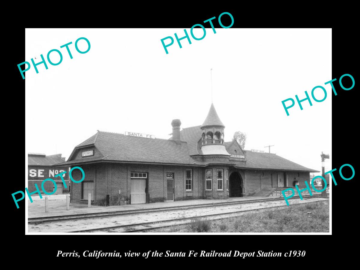 OLD LARGE HISTORIC PHOTO OF PERRIS CALIFORNIA, THE SANTA FE RAILROAD DEPOT c1930