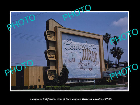 OLD LARGE HISTORIC PHOTO OF COMPTON CALIFORNIA, THE DRIVE IN THEATER c1970s