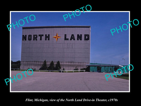 OLD LARGE HISTORIC PHOTO OF FLINT MICHIGAN, NORTH LAND DRIVE IN THEATER c1970s