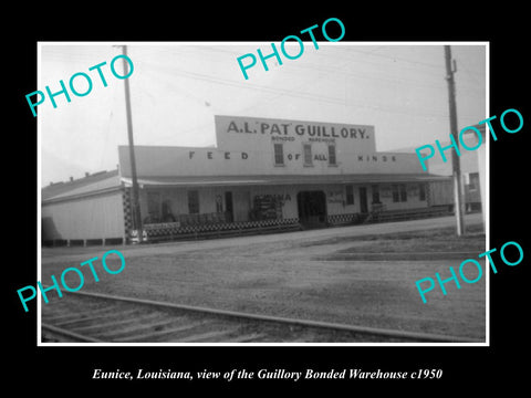 OLD LARGE HISTORIC PHOTO OF EUNICE LOUISIANA, THE GUILLORY BONDED WARHOUSE c1950