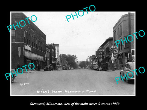 OLD LARGE HISTORIC PHOTO GLENWOOD MINNESOTA, THE MAIN STREET & STORES c1940