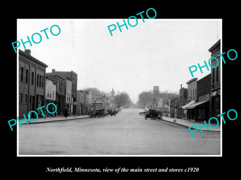 OLD LARGE HISTORIC PHOTO NORTHFIELD MINNESOTA, VIEW OF THE MAIN ST & STORES 1920