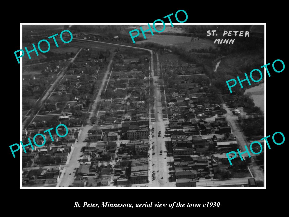 OLD LARGE HISTORIC PHOTO ST PETER MINNESOTA, AERIAL VIEW OF THE TOWN c1930