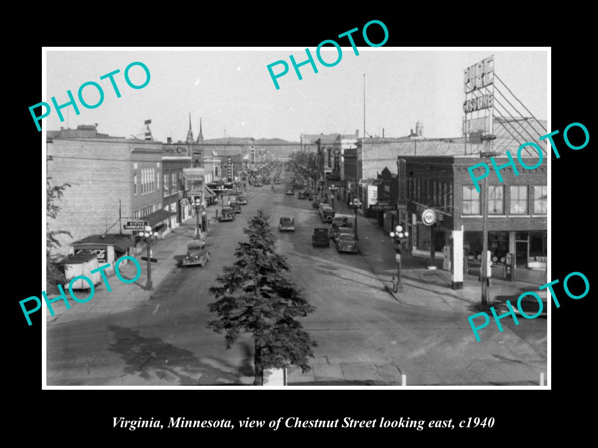 OLD LARGE HISTORIC PHOTO VIRGINIA MINNESOTA, VIEW OF CHESTNUT STREET c1940