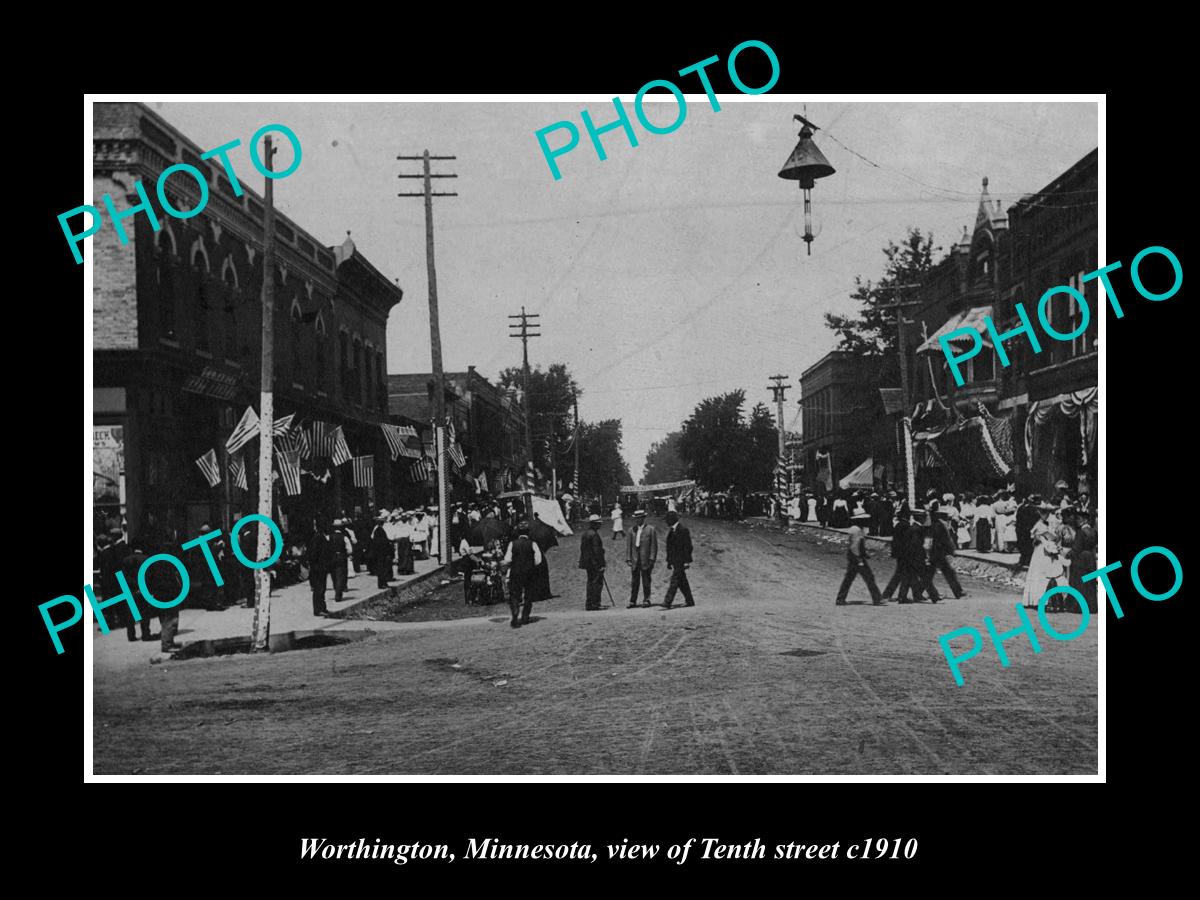 OLD LARGE HISTORIC PHOTO WORTHINGTON MINNESOTA, VIEW OF TENTH STREET c1910