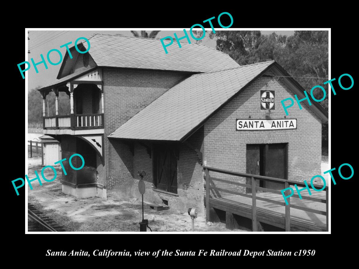 OLD LARGE HISTORIC PHOTO OF SANTA ANITA CALIFORNIA SANTA FE RAILROAD DEPOT c1950