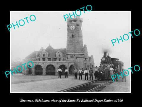 OLD LARGE HISTORIC PHOTO OF SHAWNEE OKLAHOMA, THE SANTA FE RAILROAD DEPOT c1900