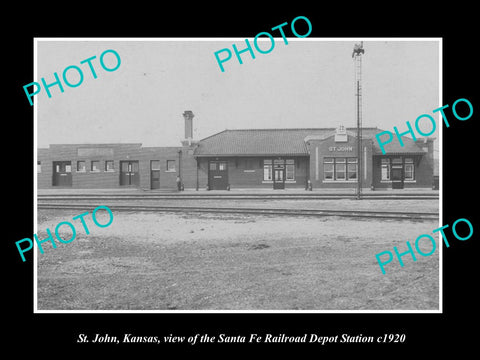 OLD LARGE HISTORIC PHOTO OF St JOHN KANSAS, THE SANTA FE RAILROAD DEPOT c1920