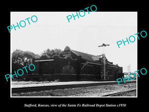 OLD LARGE HISTORIC PHOTO OF STAFFORD KANSAS, THE SANTA FE RAILROAD DEPOT c1950