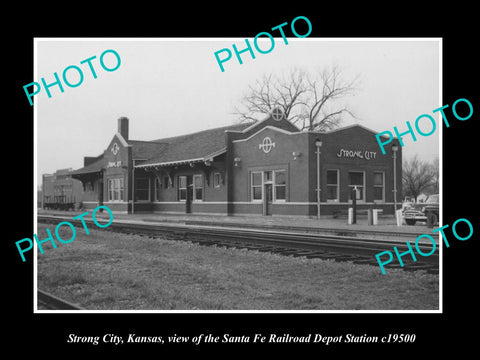 OLD LARGE HISTORIC PHOTO OF STRONG CITY KANSAS THE SANTA FE RAILROAD DEPOT c1950