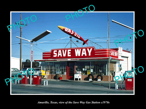 OLD LARGE HISTORIC PHOTO OF AMARILLO TEXAS, THE SAVE WAY GAS STATION c1970s