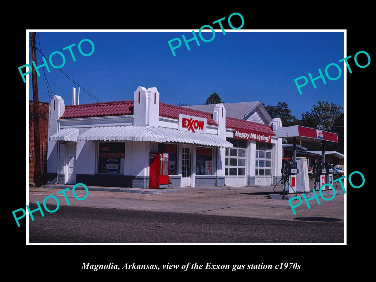 OLD LARGE HISTORIC PHOTO OF MAGNOLIA ARKANSAS, THE EXXON GAS STATION c1970s