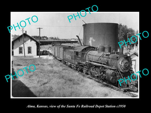 OLD LARGE HISTORIC PHOTO OF ALMA KANSAS, VIEW OF RAILROAD DEPOT STATION c1950