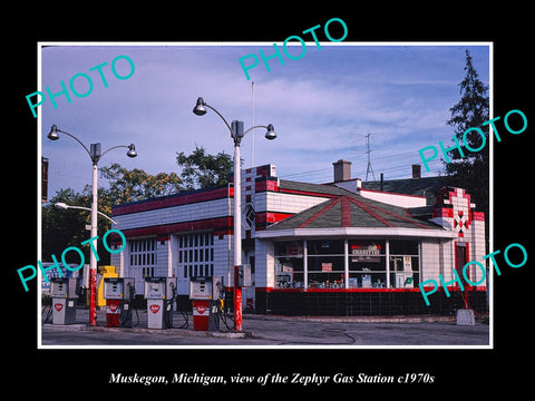 OLD LARGE HISTORIC PHOTO OF MUSKEGON MICHIGAN, THE ZEPHYR GAS STATION c1970s