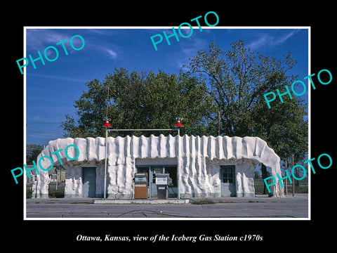 OLD LARGE HISTORIC PHOTO OF OTTAWA KANSAS, THE ICEBERG GAS STATION c1970s