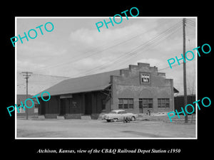 OLD LARGE HISTORIC PHOTO OF ATCHISON KANSAS, VIEW OF RAILROAD DEPOT STATION 1950