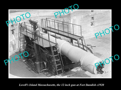 OLD LARGE HISTORIC PHOTO OF LOVELLS ISLAND MASSACHUSETTS, FORT STANDISH GUN 1920