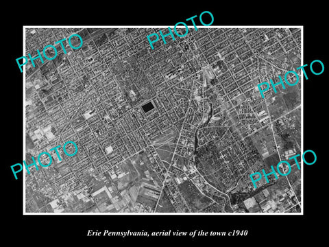 OLD LARGE HISTORIC PHOTO OF ERIE PENNSYLVANIA, AERIAL VIEW OF TOWN c1940 1