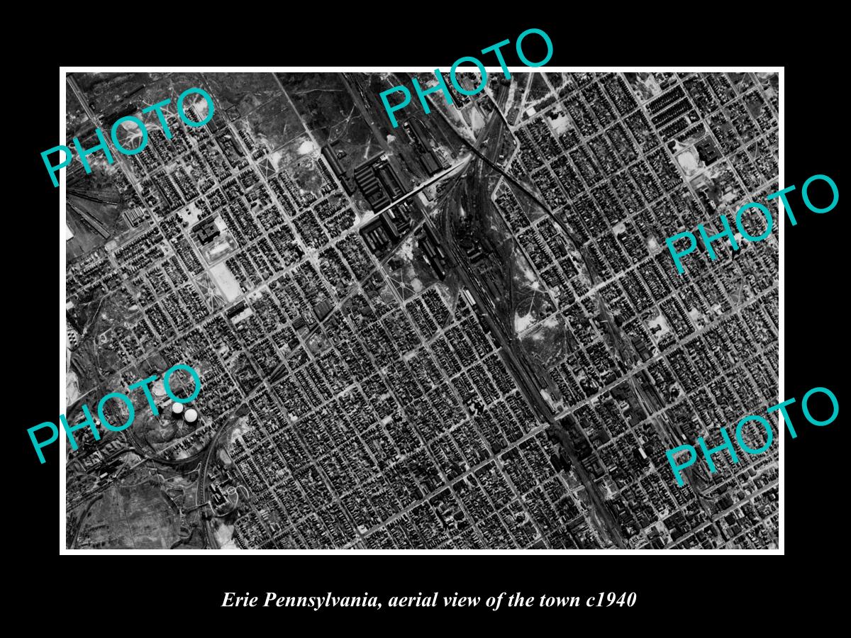 OLD LARGE HISTORIC PHOTO OF ERIE PENNSYLVANIA, AERIAL VIEW OF TOWN c1940 6