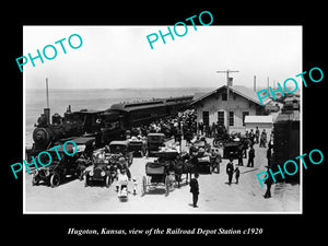 OLD LARGE HISTORIC PHOTO OF HUGOTON KANSAS, VIEW OF RAILROAD DEPOT STATION c1920