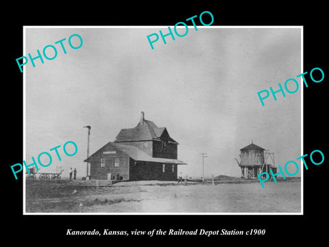 OLD LARGE HISTORIC PHOTO OF KANORADO KANSAS, THE RAILROAD DEPOT STATION c1900