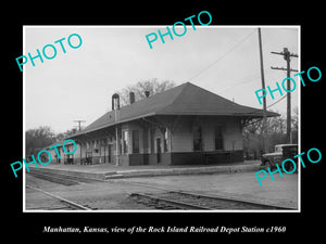 OLD LARGE HISTORIC PHOTO OF MANHATTAN KANSAS, THE RAILROAD DEPOT STATION c1960