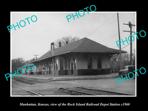 OLD LARGE HISTORIC PHOTO OF MANHATTAN KANSAS, THE RAILROAD DEPOT STATION c1960