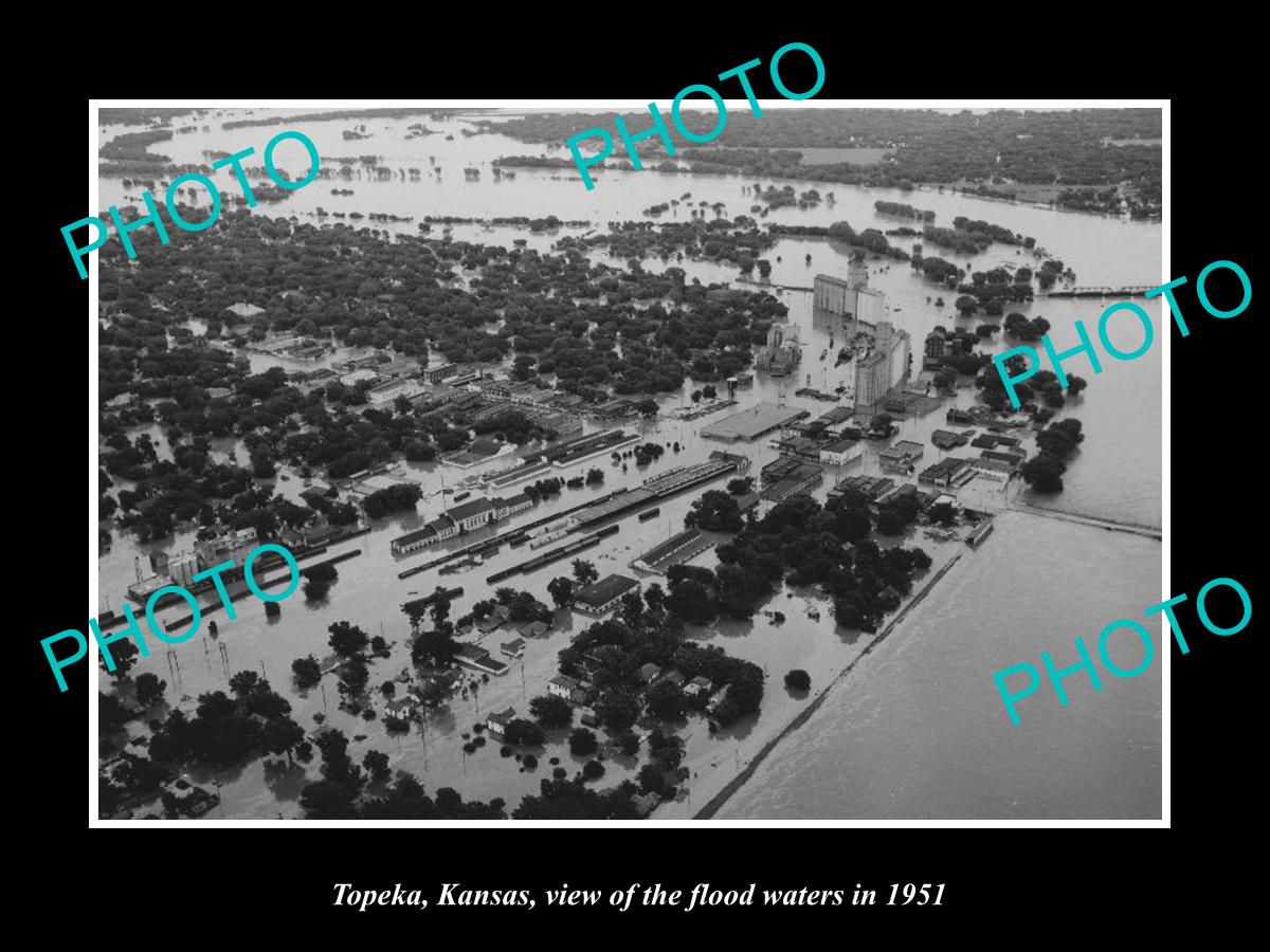 OLD LARGE HISTORIC PHOTO OF TOPEKA KANSAS, AERIAL VIEW OF 1951 FLOODS ON TOWN