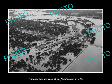 OLD LARGE HISTORIC PHOTO OF TOPEKA KANSAS, AERIAL VIEW OF 1951 FLOODS ON TOWN