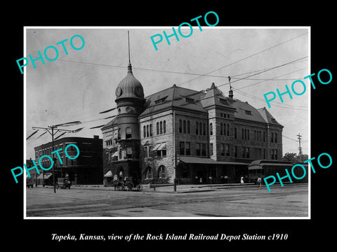 OLD LARGE HISTORIC PHOTO OF TOPEKA KANSAS, THE ROCK ISLAND RAILROAD DEPOT c1910