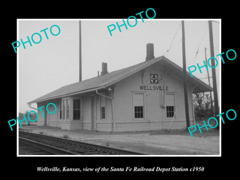 OLD LARGE HISTORIC PHOTO OF WELLSVILLE KANSAS, THE RAILROAD DEPOT STATION c1950