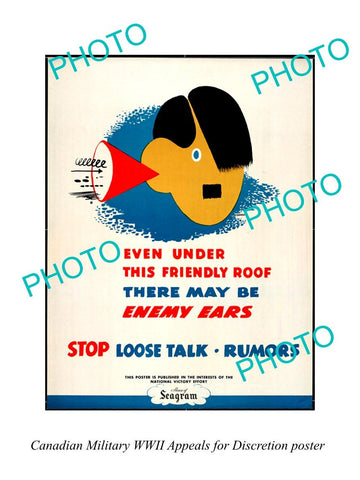 LARGE HISTORIC PHOTO OF CANADA MILITARY WWII APPEAL POSTER, LOOSE TALK, HITLER