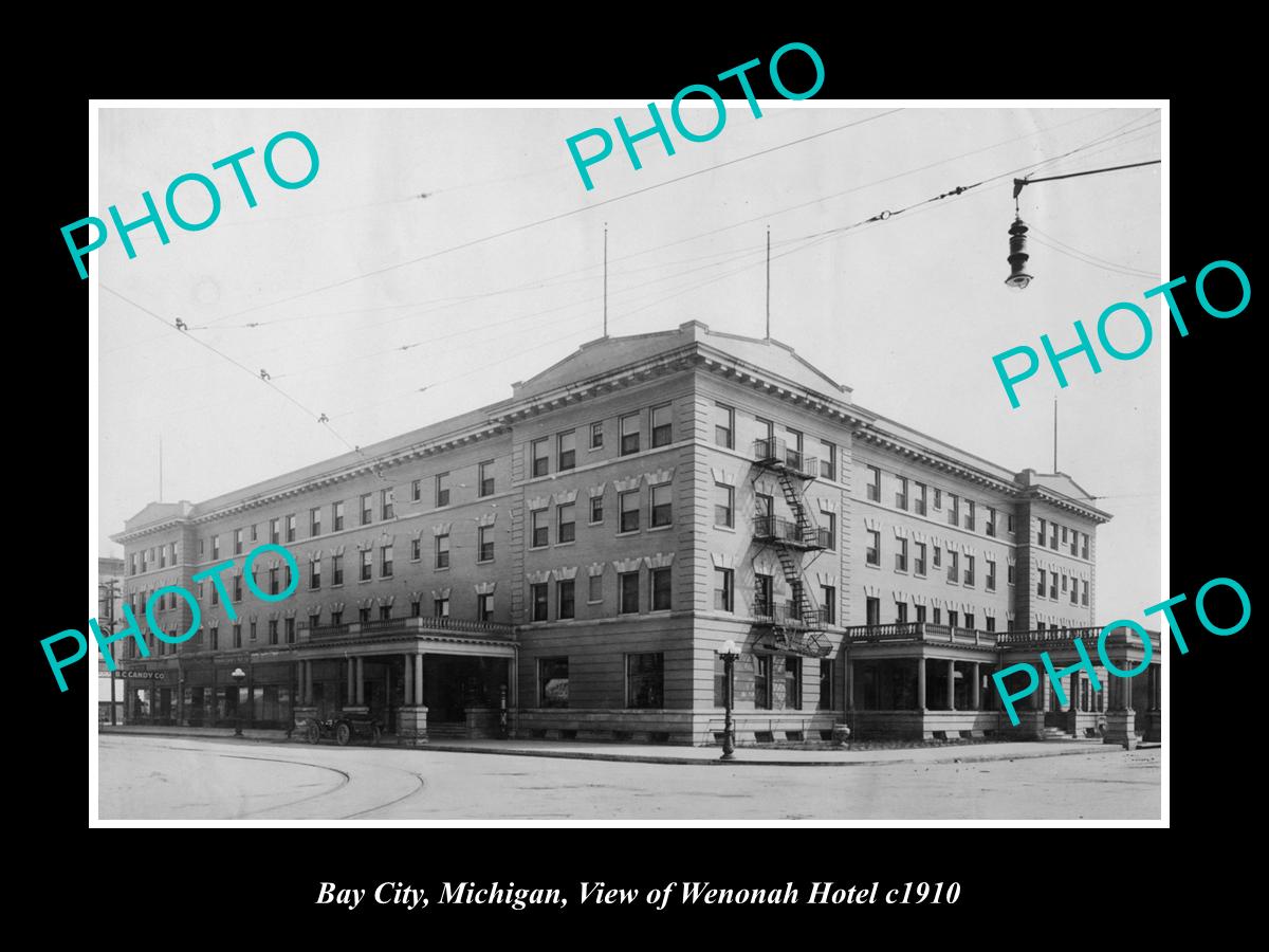 OLD LARGE HISTORIC PHOTO OF BAY CITY MICHIGAN, VIEW OF THE WENONAH HOTEL c1920