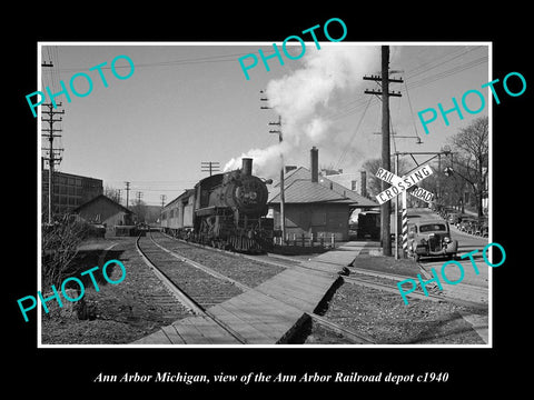 OLD LARGE HISTORIC PHOTO OF ANN ARBOR MICHIGAN, VIEW OF AA RAILROAD DEPOT c1940