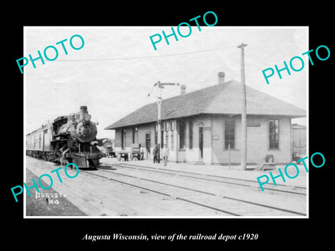 OLD LARGE HISTORIC PHOTO OF AUGUSTA WISCONSIN, VIEW OF THE RAILROAD DEPOT c1920